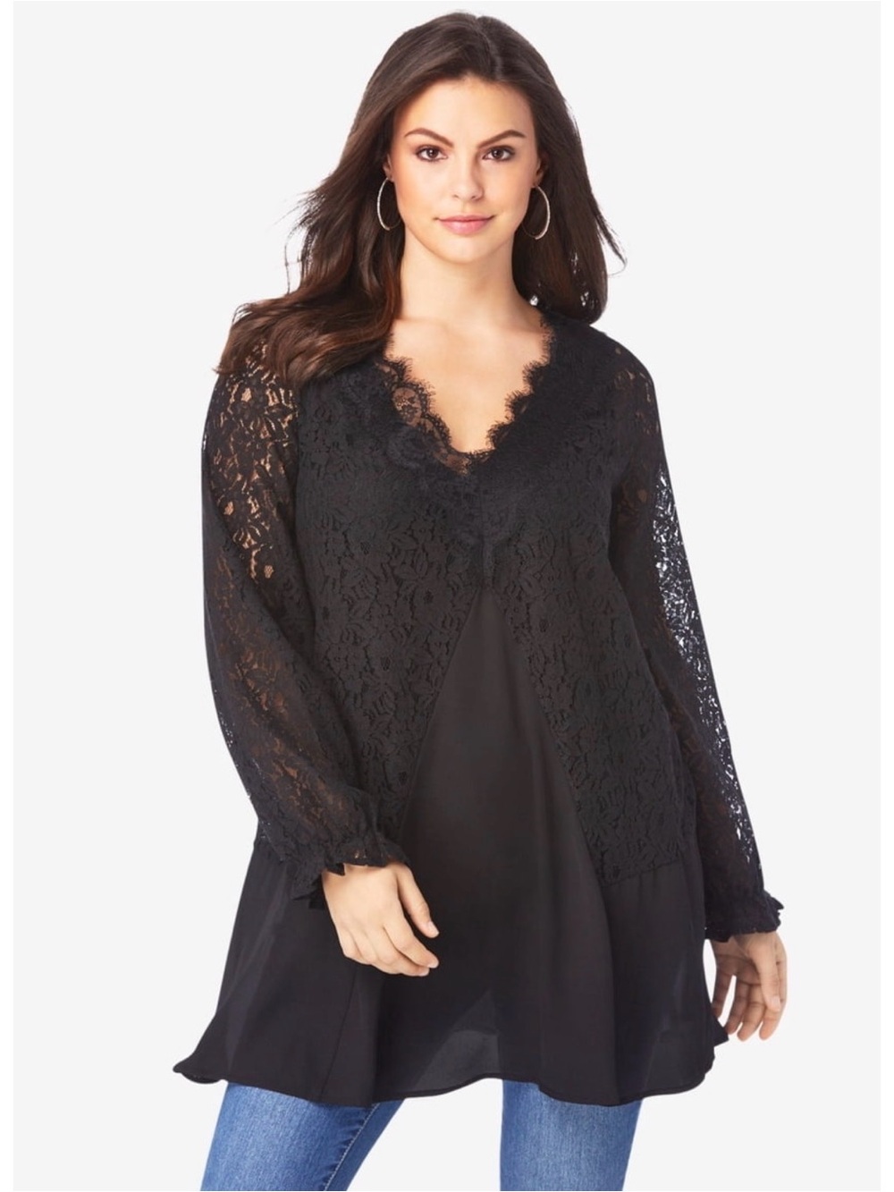 Roman’s Black Lace V-Neck Long-Sleeve Women's Blouse